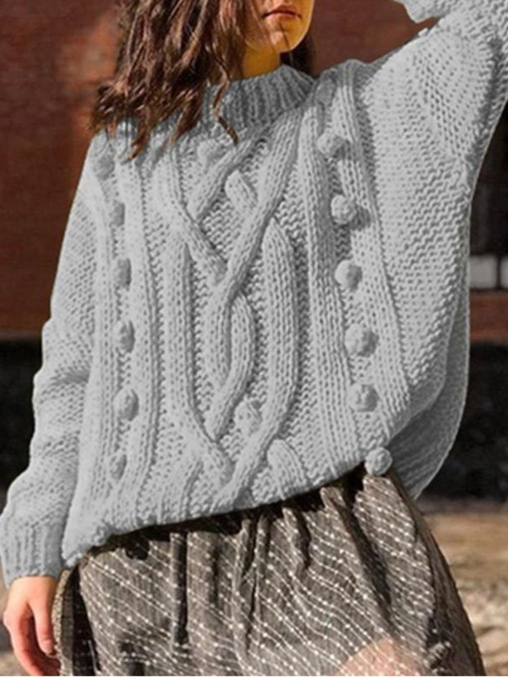 Hayden Light Gray Chunky Cable Bobble Knit Sweater